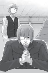 Rule 34 | 2boys, ayakura juu, beard, craft lawrence, dress shirt, facial hair, glasses, greyscale, own hands clasped, indoors, male focus, monochrome, multiple boys, novel illustration, official art, own hands together, richten marlheit, shirt, sitting, smile, spice and wolf, standing, sweatdrop