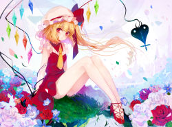 Rule 34 | 1girl, :o, arms at sides, balloon, bare legs, blonde hair, blue fire, blush, bug, building, butterfly, cross-laced footwear, crystal, curly hair, daimaou ruaeru, dress, fire, flandre scarlet, floating hair, floating island, flower, frilled hat, frilled sleeves, frills, full body, grass, hat, hat ribbon, heart balloon, high heels, highres, insect, laevatein, long hair, looking at viewer, mob cap, necktie, no socks, on ground, one side up, outdoors, petals, red dress, red eyes, red flower, red footwear, red ribbon, red rose, ribbon, rose, saliva, shoes, short necktie, short sleeves, sitting, solo, touhou, tower, weapon, white flower, white hat, white rose, wind, wings, yellow necktie