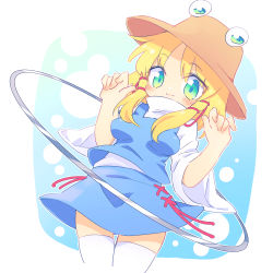 Rule 34 | 1girl, ayakashi (monkeypanch), blonde hair, blue skirt, blush, brown hat, closed mouth, commentary request, green eyes, hair ribbon, hat, highres, hoop, light smile, long sleeves, moriya suwako, red ribbon, ribbon, shirt, skirt, skirt set, solo, thighhighs, touhou, tress ribbon, vest, white shirt, white thighhighs, wide sleeves
