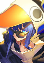 Rule 34 | 1girl, animal costume, black-framed eyewear, blue eyes, blue hair, blurry, closed mouth, collarbone, commentary request, depth of field, fate/grand order, fate (series), from above, hair between eyes, long hair, looking at viewer, looking up, meltryllis (fate), meltryllis (swimsuit lancer) (first ascension) (fate), penguin costume, sidelocks, smile, solo, sunglasses, tef