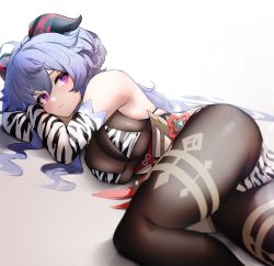 Rule 34 | 1girl, ahoge, alternate costume, ass, bare shoulders, blue hair, blush, breasts, commentary, elbow gloves, ganyu (genshin impact), genshin impact, gloves, goat horns, highres, horns, kashu (hizake), large breasts, long hair, looking at viewer, lying, on side, purple eyes, simple background, solo, sweat, symbol-only commentary, thighlet, thighs, white background