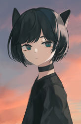 Rule 34 | 1girl, animal ears, black choker, black hair, black shirt, choker, closed mouth, cloud, cloudy sky, commentary request, eyebrows hidden by hair, green eyes, highres, looking at viewer, looking to the side, ogami ren, original, outdoors, shirt, sky, solo, sunset, thick eyebrows, upper body