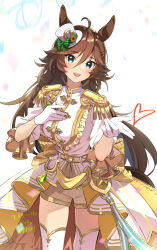 Rule 34 | 1girl, ahoge, animal ears, belt, blowing kiss, breasts, brown hair, confetti, dated, epaulettes, feet out of frame, gloves, green eyes, hair between eyes, half-skirt, hand on own chest, heart, horse ears, horse girl, horse tail, jacket, light blush, long hair, looking at viewer, misu kasumi, mr. c.b. (umamusume), open mouth, road of radiance (umamusume), short sleeves, shorts, skirt, small breasts, smile, solo, tail, thighhighs, umamusume, white gloves, white jacket, white skirt, white thighhighs, yellow shorts