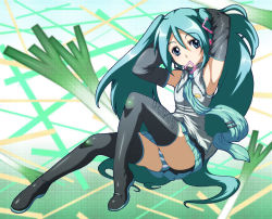 Rule 34 | 1girl, armpits, caryo, hatsune miku, jpeg artifacts, long hair, mouth hold, panties, solo, spring onion, striped clothes, striped panties, tabigarasu, thighhighs, twintails, underwear, very long hair, vocaloid