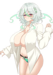 Rule 34 | 1girl, alias anono, blush, braid, breasts, cameltoe, closed mouth, ghost girl, gradient hair, green hair, green panties, heterochromia, highres, huge breasts, lace, lace-trimmed panties, lace trim, long bangs, long sleeves, looking at viewer, multicolored hair, navel, panties, pink eyes, puffywaffles, purple eyes, shirt, short hair, simple background, smile, solo, stomach, underwear, v4mirai, white background, white hair, white shirt