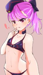 Rule 34 | bikini, black bikini, chawan (yultutari), fate/grand order, fate (series), finger to mouth, flat chest, hat, helena blavatsky (fate), helena blavatsky (swimsuit archer) (fate), helena blavatsky (swimsuit archer) (third ascension) (fate), highres, long hair, navel, open mouth, outstretched arm, ponytail, purple eyes, purple hair, reaching, reaching towards viewer, ribbon, selfie, smile, swimsuit, upper body