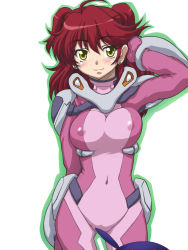 Rule 34 | 00s, 1girl, blush, breasts, female focus, gundam, gundam 00, highres, long hair, nena trinity, pussy, simple background, solo, spandex, twintails, white background