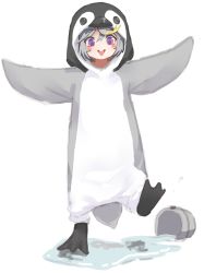 Rule 34 | 1girl, :&gt;, absurdres, aged down, animal costume, bad id, bad pixiv id, bird costume, blonde hair, blush stickers, bodysuit, bucket, bucket of water, cosplay, empress (last origin), flat chest, greentree, grey hair, hair between eyes, highres, kigurumi, last origin, looking at viewer, multicolored hair, penguin costume, purple eyes, simple background, smile, solo, spill, streaked hair, triangle mouth, water, white background