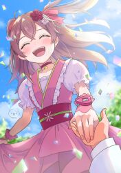 Rule 34 | 1girl, :d, absurdres, artist logo, artist name, blue sky, brown hair, choker, closed eyes, cloud, cloudy sky, commentary, confetti, day, delicious party precure, dress, facing viewer, frilled cuffs, frilled sleeves, frills, hair ornament, hair ribbon, highres, holding hands, medium dress, medium hair, moro precure, nagomi yui, open mouth, out of frame, outdoors, pink dress, precure, puffy short sleeves, puffy sleeves, red choker, red ribbon, ribbon, short sleeves, signature, skirt hold, sky, smile, standing, sunlight, two side up, watch, wind, wristwatch