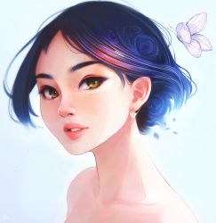 Rule 34 | 1girl, absurdres, bad id, bad pixiv id, blue hair, borrowed character, brown eyes, bug, butterfly, commentary, earrings, english commentary, glint, gradient background, hanr10, highres, insect, jewelry, looking at viewer, original, parted lips, portrait, short hair, solo, white butterfly