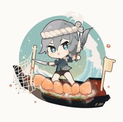 Rule 34 | 1girl, artist request, beige background, black hair, black shorts, blue eyes, blue shirt, boat, chibi, dual wielding, fish (food), fishnets, food, fu hua, full body, hair between eyes, highres, holding, honkai (series), honkai impact 3rd, knife, long hair, looking at viewer, open mouth, ponytail, sashimi, shirt, shorts, sleeves rolled up, solo, v-shaped eyebrows, water, watercraft