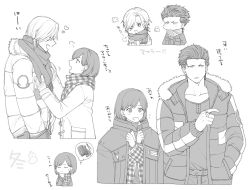 Rule 34 | 1girl, 2boys, :d, blush, breath, chibi, coat, coat on shoulders, closed eyes, flying sweatdrops, fume, fur-trimmed jacket, fur trim, greyscale, hand in pocket, heart, height difference, jacket, jewelry, knitting needle, looking at another, manaka (gunjooou), monochrome, multiple boys, multiple views, needle, open clothes, open jacket, open mouth, plaid, plaid scarf, pointing, profile, protagonist (tokimemo gs3), ring, sakurai kouichi, sakurai ruka, scarf, side-by-side, sideways glance, smile, snowman, spiked hair, spoken object, thought bubble, toggles, tokimeki memorial, tokimeki memorial girl&#039;s side 3rd story, translation request, yarn, yarn ball