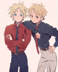 Rule 34 | 2boys, blonde hair, blue eyes, brown eyes, casval rem deikun, char aznable, crossed arms, dress shirt, elbow on another&#039;s shoulder, gundam, hand on own hip, leaning on person, male focus, mobile suit gundam, mobile suit gundam the origin, multiple boys, name connection, namihaya, necktie, shirt