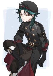 Rule 34 | 1boy, alternate costume, ar (rikuesuto), beret, black coat, black footwear, black gloves, black hat, black shirt, boots, border, brown pants, buttons, closed mouth, coat, diamond button, double-breasted, genshin impact, gloves, green hair, hat, highres, light blue background, long sleeves, male focus, multicolored hair, outside border, pants, shirt, solo, white border, xiao (genshin impact), yellow eyes