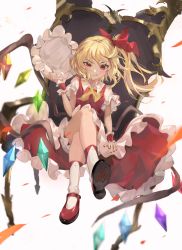 Rule 34 | 1girl, :q, absurdres, ascot, blonde hair, commentary request, crossed legs, crystal, flandre scarlet, full body, hair ribbon, hat, highres, holding, holding clothes, holding hat, long hair, looking at viewer, mob cap, nail polish, puffy short sleeves, puffy sleeves, red eyes, red footwear, red nails, red ribbon, reset, ribbon, shoes, short sleeves, side ponytail, simple background, sitting, solo, throne, tongue, tongue out, touhou, unworn hat, unworn headwear, white background, wings, wrist cuffs, yellow ascot