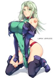 Rule 34 | 1girl, bare shoulders, boots, breasts, character name, collar, collarbone, covered navel, cropped jacket, detached sleeves, eyes visible through hair, full body, green eyes, green hair, halcon, hand under clothes, highres, hip focus, impossible clothes, jacket, juliet sleeves, kneeling, lamia loveless, large breasts, lips, long hair, long sleeves, parted lips, puffy sleeves, simple background, solo, super robot wars, super robot wars original generation, tattoo, thigh boots, thighhighs, white background