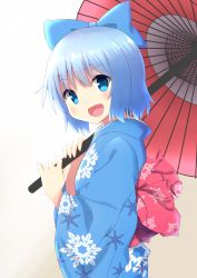 Rule 34 | 1girl, :d, absurdres, alternate costume, blue eyes, blue hair, blush, bow, cirno, from side, hair bow, highres, japanese clothes, kimono, looking at viewer, matching hair/eyes, negishio, no wings, oil-paper umbrella, open mouth, short hair, simple background, smile, snowflake print, solo, tongue, touhou, umbrella, upper body