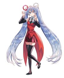 Rule 34 | 1girl, ahoge, bare shoulders, black necktie, black thighhighs, blue eyes, blue hair, boots, buttons, dress, hands up, hanekoto, hatsune miku, light blue hair, looking at viewer, necktie, number hair ornament, official alternate costume, official art, red dress, simple background, sleeveless, sleeveless dress, smile, solo, standing, standing on one leg, thigh boots, thighhighs, vocaloid, white background, yuki miku