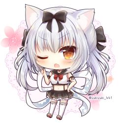 Rule 34 | 1girl, ;o, animal ears, azur lane, bare shoulders, black bow, black sailor collar, black skirt, blush, bow, bowtie, brown eyes, cat ears, chibi, commentary request, crop top, fang, frilled thighhighs, frills, grey footwear, hair between eyes, hair bow, hand on own hip, index finger raised, long hair, midriff, navel, one eye closed, open mouth, pleated skirt, red bow, red bowtie, ribbon, sailor collar, school uniform, serafuku, shirt, shoes, silver hair, skirt, sleeveless, sleeveless shirt, solo, thighhighs, twitter username, very long hair, white ribbon, white shirt, white thighhighs, yukikaze (azur lane), yukiyuki 441