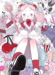 Rule 34 | 1990s (style), 1girl, apple, artist name, blue eyes, card, cardcaptor sakura, cherry, cupcake, food, food on face, from above, fruit, hairband, highres, holding, holding food, holding fruit, hoshi no tsue, legs up, looking at viewer, lying, okara (cacacerulean), on back, open mouth, original, pink hair, shoes, sneakers, socks, solo, staff, watch, wristwatch