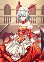 Rule 34 | 1girl, aged up, alternate costume, animal ears, apron, bare shoulders, bat ears, bat wings, blurry, blurry background, breasts, cleavage, depth of field, dress, fingernails, grey hair, hat, highres, light particles, looking at viewer, low wings, medium breasts, medium hair, nail polish, parted lips, pointy ears, red dress, red eyes, red nails, remilia scarlet, shukusuri, skirt hold, smile, solo, standing, touhou, waist apron, white apron, white hat, wings