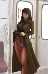 1girl black_dress black_hair blue_eyes brown_pantyhose chiba_shuusaku clothes_lift coat crotch_seam dress dress_lift girls_und_panzer green_coat grey_sweater half-closed_eyes lifting_own_clothes long_dress long_hair long_sleeves looking_at_viewer neck_ribbon nonna_(girls_und_panzer) open_clothes open_coat open_mouth panties panties_under_pantyhose pantyhose ribbon solo standing sweater swept_bangs train_interior translated turtleneck twitter_username underwear v-neck