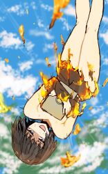 Rule 34 | 1girl, blue archive, blue eyes, brown hair, burning clothes, commentary request, covering breasts, covering privates, falling, female sensei (blue archive), fire, frozen oyu, holding, holding tablet pc, motion lines, sensei (blue archive), short hair, sky, solo, sweatdrop, tablet pc
