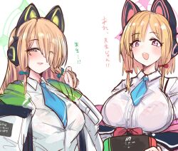 Rule 34 | 2girls, alternate breast size, animal ear headphones, animal ears, blonde hair, blue archive, blue necktie, collared shirt, fake animal ears, green eyes, headphones, highres, jacket, long hair, midori (blue archive), momoi (blue archive), multiple girls, necktie, pink eyes, see-through, shiming liangjing, shirt, short hair, simple background, translation request, two-sided fabric, two-sided jacket, upper body, white background, white jacket, white shirt