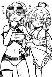 Rule 34 | 2girls, ahoge, alina gray, alina gray (swimsuit costume), bare shoulders, bikini, blush, bracelet, closed eyes, earrings, eyewear on head, finger to mouth, greyscale, heart, highres, holding another&#039;s arm, jewelry, long hair, looking at viewer, magia record: mahou shoujo madoka magica gaiden, mahou shoujo madoka magica, monochrome, multiple girls, navel, official alternate costume, open mouth, sena mikoto, simple background, smile, standing, sunglasses, swimsuit, thigh strap, white background, youichi82880400