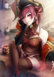 Rule 34 | 1girl, arrow through heart, ascot, bare shoulders, bicorne, blush, boots, breasts, brown hair, cleavage, covered navel, crossed legs, faucet, gold trim, hat, head rest, heterochromia, highres, hololive, houshou marine, houshou marine (1st costume), jar, lapels, leotard, leotard under clothes, looking at viewer, navel, notched lapels, off shoulder, panko (chan8191), pirate hat, red ascot, red eyes, red hair, see-through, see-through cleavage, see-through leotard, signature, sink, sitting, skirt, sleeveless, sleeveless jacket, smile, solo, thighhighs, thighs, virtual youtuber, yellow eyes
