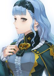 Rule 34 | 1girl, blue cape, blue dress, blue hair, breasts, brown eyes, cape, center frills, commentary, dress, fire emblem, fire emblem: three houses, fire emblem warriors: three hopes, frills, hairband, isa (peien516), lace-trimmed hairband, lace trim, lips, long hair, looking at viewer, marianne von edmund, medium breasts, nintendo, official alternate costume, official alternate hairstyle, parted lips, pink lips, simple background, solo, wavy hair, white background