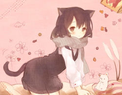 Rule 34 | 1girl, all fours, animal, animal ears, bag, black dress, black hair, blush, brown eyes, cat ears, cat girl, cat tail, coco (hinatacoco), dress, enpera, eyebrows hidden by hair, hair between eyes, long sleeves, looking at viewer, off-shoulder dress, off shoulder, original, paper bag, pillow, pink background, scarf, shirt, short hair, solo, striped clothes, striped scarf, tail, white shirt