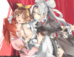 Rule 34 | 3girls, akagi towa, alternate costume, amanogawa kirara, blush, grabbing another&#039;s breast, breasts, brown hair, chain, collar, dual persona, earrings, enmaided, go! princess precure, grabbing, hairband, hareta, holding another&#039;s wrist, jewelry, licking, long hair, maid, multiple girls, nipples, open mouth, pointy ears, precure, purple eyes, red eyes, red hair, saliva, seita, silver hair, small breasts, smile, star (symbol), star earrings, tongue, tongue out, twilight (go! princess precure), wince, yuri