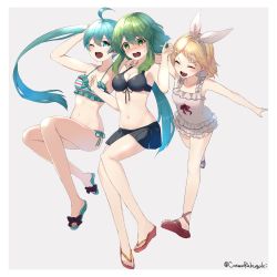 Rule 34 | 3girls, bikini, black bikini, blonde hair, blue bikini, blue eyes, blue hair, blush, closed eyes, cosmo (bousoup), embarrassed, fang, full body, green eyes, green hair, gumi, hatsune miku, highres, kagamine rin, multiple girls, one-piece swimsuit, one eye closed, open mouth, red ribbon, ribbon, sandals, smile, sweatdrop, swimsuit, vocaloid, white one-piece swimsuit, white ribbon