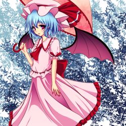 Rule 34 | 1girl, ascot, bat wings, blouse, blue hair, bow, collared shirt, dress, frilled dress, frilled shirt, frilled skirt, frills, hat, hat bow, holding, junior27016, large bow, leaf, leaf background, looking at viewer, mob cap, parasol, pink dress, pink shirt, pointy ears, puffy sleeves, red eyes, remilia scarlet, ribbon, shirt, short sleeves, skirt, skirt set, smile, solo, standing, touhou, umbrella, wings