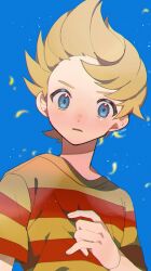 Rule 34 | 1boy, blonde hair, blue background, blue eyes, commentary request, highres, kawasaki (kwsk 8765), looking at viewer, lucas (mother 3), male focus, mother (game), mother 3, nintendo, parted lips, red shirt, shirt, short hair, simple background, solo, striped clothes, striped shirt, two-tone shirt, yellow shirt
