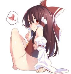 Rule 34 | 1girl, bare shoulders, barefoot, bottomless, bow, brown hair, detached sleeves, finger to mouth, hair between eyes, hair bow, hair tubes, hakurei reimu, heart, highres, looking at viewer, red bow, red eyes, ribbon-trimmed sleeves, ribbon trim, sawayaka samehada, sidelocks, simple background, sketch, smile, solo, spoken heart, touhou, vest, white background