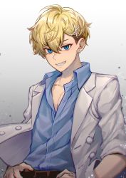 Rule 34 | 1boy, absurdres, belt, blonde hair, blue eyes, blue shirt, brown belt, brown hair, collared shirt, earrings, fang, gradient background, grey background, grey jacket, grin, hair between eyes, hair ornament, highres, jacket, jewelry, long sleeves, male focus, matsuno chifuyu, multicolored hair, nanin, open clothes, open jacket, pointy nose, shirt, short hair, smile, solo, teeth, tokyo revengers, two-tone hair, x hair ornament