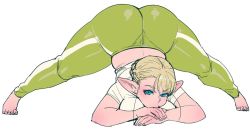 Rule 34 | 1girl, ass, bad id, bad twitter id, barefoot, blouse, blue eyes, breasts, elf, elf-san wa yaserarenai., erufuda-san, feet, female focus, huge ass, jack-o&#039; challenge, legs, pants, pointy ears, shirt, solo, spread legs, synecdoche, thick thighs, thighs, top-down bottom-up, white shirt, wide hips, wide spread legs