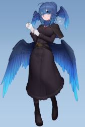 Rule 34 | 1girl, adjusting clothes, adjusting gloves, ahoge, belt, black belt, black capelet, blue background, blue eyes, blue hair, blue wings, boots, breasts, brown dress, buttons, capelet, closed mouth, double-breasted, double bun, dress, full body, gloves, hair bun, head wings, large breasts, long sleeves, looking at viewer, low wings, monocle, original, signature, solo, sparrowl, spread wings, white gloves, wings