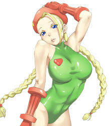 Rule 34 | 1990s (style), 1girl, bad id, bad pixiv id, bare shoulders, beret, blue eyes, bombomb25, braid, breasts, cammy white, capcom, gauntlets, hat, large breasts, leotard, lips, retro artstyle, simple background, solo, street fighter, street fighter ii (series), twin braids
