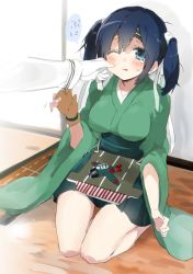 Rule 34 | 10s, 1girl, admiral (kancolle), aircraft, airplane, blue eyes, blue hair, breasts, cheek pinching, gloves, japanese clothes, kantai collection, knees together feet apart, large breasts, one eye closed, partially fingerless gloves, partly fingerless gloves, pinching, revision, seiza, short twintails, sino (sionori), sitting, solo focus, souryuu (kancolle), teardrop, twintails, twitter username, wariza, wince, yugake