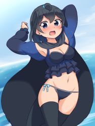 Rule 34 | (cosplay), 1girl, absurdres, adapted costume, armpits, arms up, bikini, bikini bottom only, black cape, black eyes, black hair, black thighhighs, blush, breasts, cape, commentary, cosplay, day, frills, groin, head wings, highres, kemono friends, long sleeves, looking at viewer, medium breasts, midriff, open mouth, outdoors, shiraha maru, short hair, solo, superb bird-of-paradise (kemono friends), swimsuit, tail, thighhighs, wings