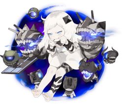 Rule 34 | 1girl, abyssal ship, akira (kadokawa), barefoot, blue eyes, colored skin, dress, enemy aircraft (kancolle), full body, horns, kantai collection, long hair, northern little sister, official art, pt imp group, solo, source request, transparent background, turret, white dress, white hair, white skin
