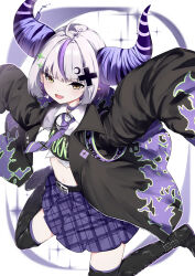 Rule 34 | 1girl, absurdres, ahoge, black footwear, black jacket, boots, breasts, choker, clothes writing, collared shirt, crescent, crescent hair ornament, cropped shirt, cross hair ornament, demon horns, ear piercing, fangs, grey hair, hair ornament, highres, hololive, horns, jacket, la+ darknesss, la+ darknesss (casual), looking at viewer, multicolored hair, navel, necktie, official alternate costume, piercing, pointy ears, purple choker, purple hair, purple necktie, purple skirt, shirt, short hair, skirt, sleeves past fingers, sleeves past wrists, small breasts, smile, solo, streaked hair, takashi san, thigh boots, virtual youtuber, white shirt, yellow eyes