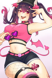 Rule 34 | 1girl, absurdres, armpits, asmod kioko, bare shoulders, baseball cap, bat wings, belly, belt, black choker, black shorts, black thighhighs, blush, breasts, bright pupils, choker, covered erect nipples, crop top, danww, demon girl, demon horns, demon tail, demon wings, ear piercing, unworn eyewear, fang, fishnet pantyhose, fishnet thighhighs, fishnets, hair between eyes, hair ornament, hat, head wings, heart, heart-shaped eyewear, heart-shaped pupils, heart choker, highres, holding, holding removed eyewear, horns, large breasts, leg tattoo, legs, long hair, looking at viewer, midriff, multicolored hair, nail polish, navel, on floor, open mouth, pantyhose, piercing, pink belt, pink eyes, pink hair, pink shirt, pointy ears, purple hair, shirt, short shorts, shorts, sidelocks, simple background, single thighhigh, sitting, sleeveless, smile, solo, solo focus, stomach, sunglasses, symbol-shaped pupils, tail, tattoo, teeth, thick thighs, thigh strap, thighhighs, thighs, tongue, tongue out, tongue piercing, twintails, upper teeth only, v, virtual youtuber, white background, white horns, wings