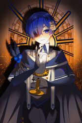 Rule 34 | 1boy, absurdres, blue eyes, blue hair, candle, ciel phantomhive, eyepatch, flower, hair over one eye, highres, holding, holding candle, kuroshitsuji, les42017, looking back, male focus, rose, short hair, solo, yellow flower, yellow rose