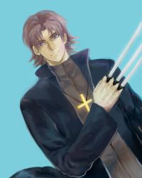 Rule 34 | 1boy, bad id, bad pixiv id, black keys (type-moon), brown hair, cassock, cross, cross necklace, dutch angle, fate/stay night, fate (series), jewelry, kotomine kirei, male focus, necklace, purple eyes, simple background, solo, xiogun