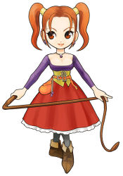 Rule 34 | 1girl, breasts, brown eyes, cleavage, corset, dragon quest, dragon quest viii, dress, earrings, full body, holding, holding weapon, itadaki street, jessica albert, jewelry, long sleeves, medium breasts, necklace, official art, purple shirt, red hair, shirt, short twintails, simple background, smile, solo, square enix, standing, strapless, strapless dress, twintails, weapon, whip, white background