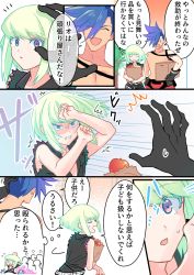 Rule 34 | 2boys, apple, bag, black gloves, blue hair, carrying bag, comic, earrings, food, fruit, galo thymos, gloves, green hair, groceries, highres, jewelry, lio fotia, male focus, multiple boys, nakanishi 555, open mouth, paper bag, pectorals, promare, purple eyes, topless male, short hair, spiked hair, torn clothes